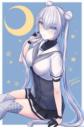Rule 34 | 1girl, alternate hairstyle, black gloves, black skirt, blue eyes, blush, closed mouth, dated, double bun, feet out of frame, fuyutsuki (kancolle), gloves, grey neckerchief, grey thighhighs, hair between eyes, hair bun, highres, kabocha torute, kantai collection, long hair, neckerchief, one-hour drawing challenge, pleated skirt, sailor collar, school uniform, serafuku, short sleeves, skirt, smile, solo, thighhighs, twintails, twitter username, white hair, white sailor collar