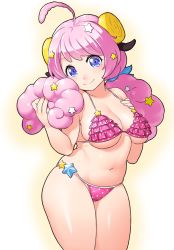 Rule 34 | 10s, 1girl, ahoge, animal ears, bare arms, bikini, blue eyes, blush, breast suppress, breasts, cleavage, closed mouth, cowboy shot, curly hair, eyebrows, eyelashes, frilled bikini, frills, hair ornament, head tilt, hip bones, holding, holding own hair, horns, large breasts, long hair, looking at viewer, low twintails, moa (show by rock!!), navel, onsoku inu, pink bikini, pink hair, polka dot, polka dot bikini, sheep ears, sheep horns, shiny skin, show by rock!!, skindentation, smile, solo, star (symbol), star hair ornament, stomach, string bikini, swimsuit, twintails, underboob, white background