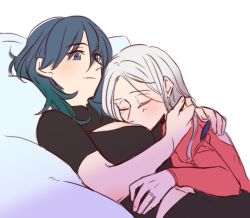 Rule 34 | 2girls, black shirt, blue eyes, blue hair, blush, breasts, byleth (female) (fire emblem), byleth (fire emblem), closed mouth, collar, commentary request, edelgard von hresvelg, eyes visible through hair, fire emblem, fire emblem: three houses, from side, hair between eyes, hug, jewelry, long hair, long sleeves, lying, lying on person, multiple girls, nintendo, on back, parted bangs, red shirt, ring, riromomo, shirt, short sleeves, simple background, sleeping, smile, white background, white hair, yuri