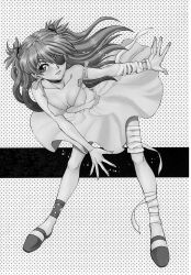 Rule 34 | 1girl, bandaged arm, bandages, bare legs, blush, breasts, cleavage, dress, eyepatch, highres, long hair, looking at viewer, medium breasts, monochrome, neon genesis evangelion, nipples, no bra, osaru, rebuild of evangelion, scan, simple background, solo, souryuu asuka langley, twintails, two side up