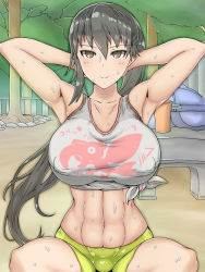 Rule 34 | &gt;:), 1girl, abs, armpits, arms behind head, arms up, bag, bare arms, bare shoulders, bench, bike shorts, black eyes, black hair, blush, borrowed character, breasts, brown eyes, collarbone, crop top, covered erect nipples, female focus, highres, huge breasts, large breasts, legs, long hair, looking at viewer, midriff, muscular, muscular female, navel, nekoshi, open mouth, original, outdoors, park, ponytail, shorts, sitting, sleeveless, smile, solo, spread legs, sweat, tank top, thighs, tsurime, v-shaped eyebrows
