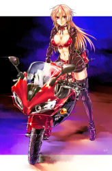 Rule 34 | 1girl, bad id, bad pixiv id, bikini, bikini top only, blonde hair, breasts, cleavage, front-tie top, gradient background, large breasts, long hair, motor vehicle, motorcycle, original, red eyes, solo, swimsuit, ty 1865, vehicle, yamaha yzf-r1