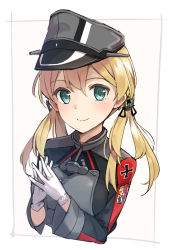 Rule 34 | 10s, 1girl, anchor hair ornament, aqua eyes, black ribbon, blonde hair, blush, cross, gloves, hair ornament, hat, highres, iron cross, kantai collection, long hair, long sleeves, looking at viewer, low twintails, max melon, military, military hat, military uniform, own hands together, peaked cap, prinz eugen (kancolle), ribbon, simple background, smile, solo, twintails, uniform, white gloves