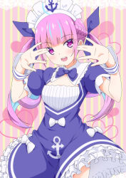 Rule 34 | 1girl, :d, ahoge, anchor symbol, blue bow, blue bowtie, blue dress, blue hair, blue ribbon, blush, border, bow, bowtie, braid, breasts, colored inner hair, dress, frilled dress, frills, hair ribbon, hands up, heart, highres, hololive, lace, lace border, long hair, maid headdress, minato aqua, minato aqua (1st costume), multicolored hair, open mouth, ornate border, pink hair, purple eyes, ribbon, round teeth, sidelocks, small breasts, smile, solo, streaked hair, striped, striped background, teeth, twintails, two-tone hair, upper teeth only, vertical stripes, very long hair, virtual youtuber, white bow, wrist cuffs, x-6