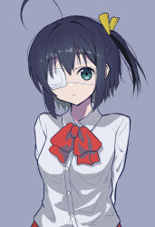 Rule 34 | 1girl, ahoge, arms behind back, black hair, bow, bowtie, chuunibyou demo koi ga shitai!, collared shirt, commentary request, dress shirt, expressionless, eyepatch, grey background, hair ribbon, highres, icho private high school uniform, looking at viewer, medical eyepatch, one side up, red bow, red bowtie, ribbon, school uniform, shikkoku no hono mikado, shirt, short hair, simple background, skirt, solo, takanashi rikka, upper body