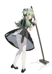 Rule 34 | 1girl, absurdres, ass, belt, black dress, black footwear, broom, closed mouth, corin wickes, cuffs, dress, from behind, full body, green hair, highres, holding, holding broom, long hair, looking at viewer, looking back, maid, maid headdress, pantyhose, puffy short sleeves, puffy sleeves, purple eyes, shackles, shoes, short sleeves, simple background, solo, standing, thighband pantyhose, twintails, upskirt, white background, white pantyhose, zenless zone zero, zidu (9478296)