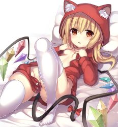 Rule 34 | 1girl, animal hood, blonde hair, blush, bow, breasts, cat tail, flandre scarlet, highres, hood, hoodie, janne cherry, knee up, long hair, long sleeves, lying, md5 mismatch, naked hoodie, no panties, on back, orange eyes, pillow, red bow, resized, resolution mismatch, simple background, small breasts, solo, source smaller, tail, tail bow, tail ornament, thighhighs, thighs, touhou, unzipped, upscaled, wavy mouth, white background, white thighhighs, wings