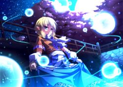 Rule 34 | 1girl, arm warmers, blonde hair, blue eyes, bridge, cherry blossoms, clothes lift, curtsey, dress, dress lift, female focus, fireflies, glowing, highres, light smile, mizuhashi parsee, moon, pointy ears, ryosios, scarf, short hair, sky, solo, star (sky), starry sky, touhou, tree, wading, water