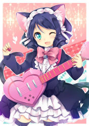 Rule 34 | 10s, 1girl, :d, animal ears, bell, black hair, blush, bow, cat ears, cat tail, cowboy shot, curly hair, cyan (show by rock!!), fang, gothic lolita, green eyes, guitar, heart, instrument, leeannpippisum, lolita fashion, maid headdress, one eye closed, open mouth, pink background, pink bow, ringlets, show by rock!!, smile, solo, striped clothes, striped thighhighs, tail, thighhighs, zettai ryouiki