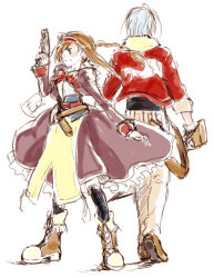 Rule 34 | 1boy, 1girl, bayonet, belt, boots, braid, brown hair, coat, dress, dual wielding, from behind, frown, full body, gloves, gun, hairband, handgun, haraheri, holding, janus cascade, knee boots, long hair, pants, pantyhose, purple dress, red hairband, shirt, shoes, sidelocks, simple background, sketch, virginia maxwell, weapon, white background, white hair, wild arms, wild arms 3