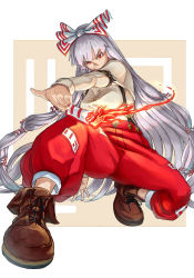 Rule 34 | &gt;:), 1girl, arm behind back, baggy pants, beige shirt, bow, brown legwear, burning, buttons, closed mouth, commentary request, eyes visible through hair, fire, foreshortening, fujiwara no mokou, hair bow, hand up, head tilt, highres, holding, long hair, long sleeves, looking at viewer, ofuda, ofuda on clothes, outstretched arms, outstretched hand, pants, red eyes, red pants, shirt, shoes, silver hair, smile, solo, spread legs, squatting, suspenders, taut clothes, taut shirt, touhou, v-shaped eyebrows, very long hair, yostel