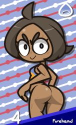 Rule 34 | 1girl, ahoge, ass, bare shoulders, blue background, blue eyes, blush, bottomless, breasts, brown hair, closed mouth, constricted pupils, cowboy shot, creatures (company), crop top, dark-skinned female, dark skin, drop shadow, english text, female focus, forehead, from behind, game freak, gym trainer (pokemon), jaggy lines, light blush, looking at viewer, looking back, multicolored shirt, nervous, nintendo, nose blush, parted bangs, pokemon, pokemon swsh, shiny skin, shirt, short hair, sidelocks, sleeveless, sleeveless shirt, small breasts, smile, solo, standing, striped, striped background, v-shaped eyebrows, vilepluff, water, wet
