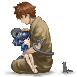 Rule 34 | 1girl, :3, animal ears, barefoot, cheken, child, faceless, faceless male, feet, grey hair, headpat, heart, heart tail, hetero, mouse (animal), mouse ears, mouse tail, nazrin, one eye closed, red eyes, sitting, sitting on lap, sitting on person, solo, tail, touhou