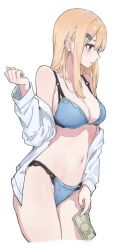 Rule 34 | 1girl, bare shoulders, bario, blonde hair, blue bra, blue panties, blush, bra, breasts, cleavage, collarbone, commentary request, cowboy shot, ear piercing, earrings, hair ornament, hairclip, hand up, highres, jewelry, long hair, long sleeves, medium breasts, money, navel, off shoulder, open clothes, open mouth, open shirt, original, panties, parted lips, piercing, prostitution, purple eyes, shirt, sidelocks, simple background, solo, standing, stomach, thighs, underwear, white background, white shirt
