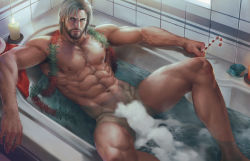 Rule 34 | 1boy, abs, absurdres, aenaluck, bara, bath, bathing, blue eyes, candle, candy, candy cane, chest hair, closed mouth, completely nude, convenient censoring, facial hair, food, grey hair, highres, holding, holding food, large pectorals, leg hair, looking at viewer, male focus, manly, master (aenaluck), muscular, muscular male, navel, nipples, nude, original, pectorals, short hair, soap bubbles, soap censor, solo, thighs