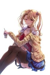 Rule 34 | belt, blonde hair, blue skirt, breasts, brown eyes, brown thighhighs, cardigan, choker, cleavage, collarbone, collared shirt, cup, darjeeling (reley), earrings, hair ornament, hair scrunchie, highres, holding, holding cup, hoop earrings, jewelry, large breasts, off shoulder, open cardigan, open clothes, open shirt, original, parted bangs, purple scrunchie, scrunchie, shirt, side ponytail, sidelocks, simple background, sitting, skirt, thighhighs, white background, white shirt, yellow cardigan