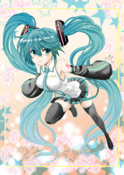 Rule 34 | 1girl, ass, bare shoulders, black thighhighs, curvy, detached sleeves, gradient background, green eyes, green hair, green nails, hatsune miku, headphones, headset, jumping, lipstick, long hair, long twintails, looking at viewer, makeup, miniskirt, musical note, nail polish, osaru, pleated skirt, shirt, skirt, sleeveless, sleeveless shirt, smile, solo, thighhighs, twintails, very long hair, vocaloid, white shirt, wide sleeves, zettai ryouiki