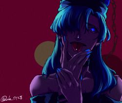 Rule 34 | 1girl, bare shoulders, black headwear, black shirt, blue eyes, blue hair, blue nails, chain, closed mouth, collarbone, commentary request, earrings, earth (ornament), fingernails, hair between eyes, hand on own face, hand up, hecatia lapislazuli, hecatia lapislazuli (earth), jewelry, long fingernails, looking at viewer, medium hair, moon (ornament), nail polish, off-shoulder shirt, off shoulder, raya (uk 0128), red background, shirt, short sleeves, simple background, solo, t-shirt, tongue, tongue out, touhou, twitter username, underworld (ornament), upper body