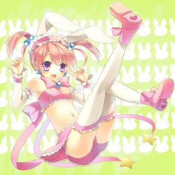 Rule 34 | animal ears, detached sleeves, frilled thighhighs, frills, hair bobbles, hair ornament, hairband, hamamo, rabbit ears, shoes, short twintails, solo, thighhighs, twintails, v