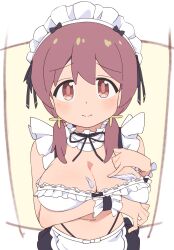Rule 34 | 1girl, absurdres, apron, arm under breasts, artistic error, breasts, brown eyes, brown hair, cleavage, detached collar, dot nose, frills, hair between eyes, highres, large breasts, long hair, looking at viewer, low twintails, maid, maid headdress, mm2 re, murosaki miyo, navel, onii-chan wa oshimai!, panty straps, simple background, smile, solo, twintails, upper body, waist apron, wrist cuffs