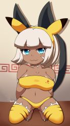 Rule 34 | 1girl, :3, animal ears, barefoot, blue eyes, breasts, claws, cleavage, collarbone, cosplay, creatures (company), crossover, dark skin, facial mark, fake animal ears, game freak, gen 1 pokemon, highres, large breasts, lightning bolt print, looking at viewer, midriff, ms. fortune (skullgirls), navel, nintendo, panties, pikachu, pikachu (cosplay), pikachu ears, pokemon, pokemon ears, pokumii, print shirt, shirt, short hair, skullgirls, smile, socks, squatting, strapless, striped clothes, striped thighhighs, tail, thighhighs, tube top, underwear, wall, white hair, yellow panties, yellow shirt, yellow socks