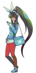 Rule 34 | 1girl, alpha transparency, bag, blue revolver, brown hair, full body, gloves, green hair, hair ribbon, headphones, highres, jacket, pantyhose under shorts, long hair, looking at viewer, multicolored hair, official art, pantyhose, pantyhose under shorts, parted lips, ponytail, red eyes, red pantyhose, ribbon, shorts, solo, track jacket, transparent background, two-tone hair, valerie (blue revolver), very long hair, white gloves, white ribbon, woofycakes