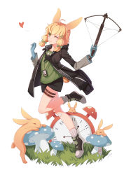 Rule 34 | 1girl, absurdres, ahoge, alarm clock, animal ears, arknights, artist request, black jacket, blonde hair, blue gloves, bow (weapon), clock, crossbow, full body, gloves, green eyes, heart, highres, holding, holding bow (weapon), holding crossbow, holding weapon, jacket, kroos (arknights), long sleeves, looking at viewer, mushroom, one eye closed, open clothes, open jacket, rabbit, rabbit ears, rabbit tail, shoes, short hair, simple background, smile, socks, solo, tail, thigh strap, weapon, white background, white socks