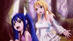 Rule 34 | 2girls, blue hair, breasts, fairy tail, forest, large breasts, lucy heartfilia, multiple girls, nature, twintails, wendy marvell