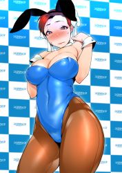 Rule 34 | 1girl, animal ears, bare shoulders, blush, breasts, brown hair, capcom, checkered background, chun-li, covered navel, cuff links, curvy, fake animal ears, leotard, looking down, md5 mismatch, ojo (dfreak), pantyhose, playboy bunny, purple background, rabbit ears, red eyes, short hair, simple background, sofmap background, solo, step and repeat, street fighter, sweatdrop, thick thighs, thighs