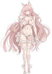 1girl absurdres alternate_costume animal_ears arknights bandaged_leg bandages bare_shoulders bikini breasts commentary_request full_body highres ken_(shutenndouji1) large_breasts legs long_hair navel pink_eyes pink_hair pozyomka_(arknights) sandals solo stomach swimsuit toes white_background white_bikini wolf_ears wolf_girl