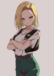 Rule 34 | 1girl, android 18, belt, belt buckle, black vest, blonde hair, blue eyes, brown belt, buckle, closed mouth, commentary, cropped vest, crossed arms, denim, dragon ball, dragonball z, earrings, emblem, highres, jeans, jewelry, komura hiroto, light smile, looking at viewer, necklace, pants, pearl necklace, shirt, shirt tucked in, short hair, short sleeves, sidelighting, simple background, solo, vest, white shirt