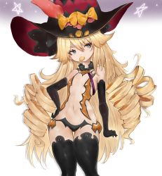 Rule 34 | 1girl, absurdres, azur lane, black thighhighs, blonde hair, blue eyes, bow, candy, food, gloves, halloween, halloween costume, hat, highres, kesseil, long hair, looking to the side, mouth hold, official alternate costume, revealing clothes, smalley (azur lane), smalley (candy courier) (azur lane), solo, star (symbol), thighhighs, thighs, wavy hair, yellow bow