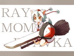 Rule 34 | 1girl, animal ears, female focus, hat, huge weapon, inubashiri momiji, looking at viewer, pom pom (clothes), ray-kudryavka, red eyes, shield, simple background, solo, sword, tokin hat, touhou, ugif, weapon, white background, wolf ears