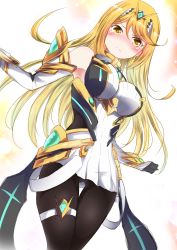 Rule 34 | 1girl, absurdres, bare shoulders, black pantyhose, blonde hair, blush, breasts, dress, earrings, gloves, hair between eyes, highres, jewelry, large breasts, long hair, looking at viewer, mythra (massive melee) (xenoblade), mythra (xenoblade), nintendo, panties, panties under pantyhose, pantyhose, pantyshot, short dress, solo, spirit (super smash bros.), standing, super smash bros., tears, thigh gap, thigh strap, tiara, underwear, v-shaped eyebrows, white dress, white panties, xenoblade chronicles (series), xenoblade chronicles 2, yellow eyes, zero-theme