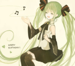 Rule 34 | 1girl, detached sleeves, closed eyes, green hair, hair ribbon, happy birthday, hatsune miku, long hair, mikanniro, musical note, open mouth, ribbon, sitting, skirt, solo, thighhighs, twintails, very long hair, vocaloid