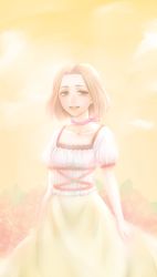 Rule 34 | 1girl, annallee (suikoden), breasts, brown hair, dress, forehead, gensou suikoden, gensou suikoden ii, highres, looking at viewer, open mouth, sakai (motomei), short hair, smile, solo