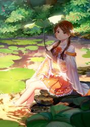 Rule 34 | 1girl, bare legs, blush, brown hair, chinese clothes, flower, hair flower, hair ornament, highres, lily pad, long hair, looking at viewer, outdoors, plant, ribbon, see-through, sitting, solo, splashing, twintails, water, you hashira