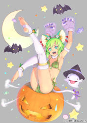 Rule 34 | 1girl, :d, animal ears, animal hands, anklet, armpits, arms up, bad id, bad pixiv id, barefoot, bat (animal), bikini, blue eyes, blush, candy, cat ears, cat tail, crescent moon, feet, food, ghost, gloves, green hair, grey background, halloween, jack-o&#039;-lantern, jewelry, kneepits, last summoner, leg up, lollipop, moon, official art, open mouth, paw gloves, piro (artist), piro (orip), robin hood (last summoner), short hair, smile, solo, star (symbol), striped bikini, striped clothes, swimsuit, tail, toeless legwear, toes, white legwear