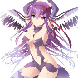 Rule 34 | absurdres, akemi homura, akuma homura, argyle, argyle clothes, argyle legwear, arms up, bad id, bad pixiv id, bare shoulders, black gloves, black wings, bow, breasts, cape, closed mouth, covered erect nipples, elbow gloves, feathered wings, gloves, hair between eyes, hair bow, hairband, highres, long hair, looking at viewer, mahou shoujo madoka magica, mahou shoujo madoka magica: hangyaku no monogatari, medium breasts, misteor, navel, purple eyes, purple hair, red hairband, revealing clothes, simple background, smile, solo, thighhighs, torn cape, torn clothes, torn thighhighs, white background, wings