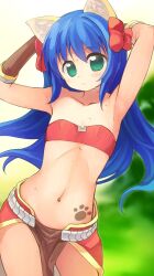 Rule 34 | 1girl, animal ear fluff, animal ears, armpits, arms behind head, bikini, bikini top only, blue hair, blurry, blurry background, blush, bow, brown gloves, cat ears, closed mouth, commentary request, contrapposto, cowboy shot, elbow gloves, emurin, expressionless, flat chest, gloves, green background, green eyes, hair bow, highres, long hair, looking at viewer, mage (ragnarok online), majiko (emurin), midriff, multiple hair bows, navel, no cape, paw print tattoo, pelvic curtain, ragnarok online, red bikini, red bow, red skirt, showgirl skirt, skirt, solo, star-shaped pupils, star (symbol), strapless, strapless bikini, sweat, swimsuit, symbol-shaped pupils