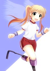 Rule 34 | 10s, 1girl, :d, amputee, blonde hair, breasts, buruma, double amputee, female focus, green eyes, highres, ibarazaki emi, katawa shoujo, legless amputee, no legs, open mouth, prosthesis, puffy short sleeves, puffy sleeves, running, shirt, short sleeves, shorts, simple background, small breasts, smile, solo, sportswear, sudou noboru, twintails, white shirt