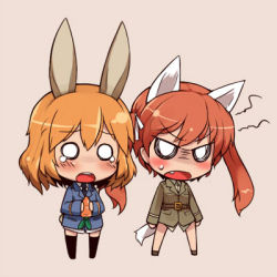 Rule 34 | 2girls, amelie planchard, angry, animal ears, blush, rabbit ears, carrot, chibi, francie gerard, lowres, military, military uniform, multiple girls, necktie, null (nyanpyoun), strike witches, tail, thighhighs, twintails, uniform, world witches series