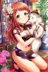 Rule 34 | 1girl, absurdres, agatsuma ren, alternative girls, animal, breasts, cat, china dress, chinese clothes, cleavage, closed mouth, dress, floral print, flower, gloves, green eyes, highres, holding, holding animal, holding cat, indoors, kneeling, long hair, looking at viewer, official art, plant, purple footwear, red hair, rose, sitting, solo, thighs, torn clothes, torn dress, torn gloves