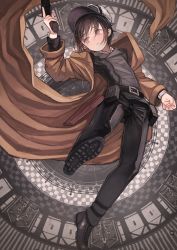 Rule 34 | 1girl, abstract background, androgynous, belt, belt pouch, black footwear, black hair, black pants, brown coat, coat, commentary request, cross-laced footwear, frown, full body, fur hat, goggles, grey eyes, gun, handgun, hat, highres, holding, holding gun, holding weapon, holster, kaneni, kino (kino no tabi), kino no tabi, long coat, long sleeves, looking away, open clothes, open coat, pants, pouch, reverse trap, revolver, shoe soles, shoes, short hair, solo, tomboy, weapon
