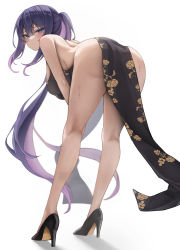 Rule 34 | 1girl, absurdres, ass, bent over, biya (1024), black dress, black footwear, blue eyes, blunt bangs, breasts, china dress, chinese clothes, dress, from behind, highres, large breasts, legs, long hair, looking at viewer, original, pelvic curtain, ponytail, purple hair, shoes, simple background, solo, standing, sweat, thighs, very long hair, white background, yuna (biya (1024))