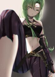 Rule 34 | 1girl, absurdres, alternate costume, aqua nails, arcane: league of legends, bare shoulders, belt, black belt, black choker, black gloves, black pants, blurry, braid, braided ponytail, breasts, budgiepon, c.c., choker, code geass, commentary, cosplay, cowboy shot, curvy, depth of field, elbow gloves, expressionless, fingerless gloves, forehead tattoo, foreshortening, gloves, green hair, grey background, hair between eyes, hair over one eye, head tilt, highres, jinx (league of legends), jinx (league of legends) (cosplay), knee up, league of legends, long hair, looking at viewer, medium breasts, nail polish, navel, nose, pants, parted lips, sidelighting, simple background, solo, stomach, straight-on, straight hair, very long hair, yellow eyes
