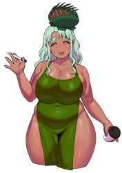 Rule 34 | 1girl, alternate color, apron, blue eyes, breasts, cleavage, coffee cup, collarbone, commentary, covered navel, cowboy shot, cup, dark-skinned female, dark skin, disposable cup, elf-san wa yaserarenai., fang, green apron, hair ornament, iced latte with breast milk (meme), kusahanada (elf-san wa yaserarenai.), large breasts, light green hair, looking at viewer, marker, meme, naked apron, open mouth, plant, plump, pointy ears, sidelocks, skindentation, smile, solo, synecdoche, thick eyebrows, thick thighs, thighs, venus flytrap, wavy hair, white background