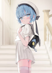 1girl ahoge bandaid bandaid_on_ass black_bag black_ribbon blue_eyes blue_hair charm_(object) crime_prevention_buzzer dolphin dress hat highres koyubita looking_at_viewer original ribbon sailor_collar sailor_hat sailor_shirt school_uniform shirt short_hair solo thighhighs white_dress white_shirt