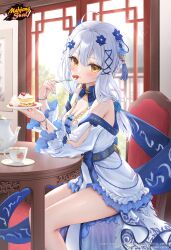 Rule 34 | 1girl, absurdres, ahoge, alternate costume, bare legs, blue dress, blue flower, bracelet, cake, commentary, cup, dress, eating, english commentary, flower, food, fu ji, hair flower, hair ornament, highres, holding, holding plate, jewelry, logo, mahjong soul, official art, official wallpaper, on chair, plate, short hair, short hair with long locks, sitting, solo, strawberry shortcake, suyamori, table, teacup, teapot, third-party source, white hair, yellow eyes