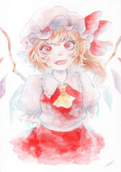 Rule 34 | 1girl, arms behind back, artist name, ascot, breasts, cowboy shot, crystal, flandre scarlet, frilled shirt collar, frilled skirt, frills, hair between eyes, happy, hat, hat ribbon, head tilt, highres, johnalay, looking at viewer, medium hair, mob cap, multicolored wings, one side up, open mouth, painting (medium), puffy short sleeves, puffy sleeves, red eyes, red ribbon, red skirt, red vest, ribbon, shirt, short sleeves, signature, simple background, skirt, small breasts, solo, star-shaped pupils, star (symbol), symbol-shaped pupils, teeth, touhou, traditional media, upper teeth only, vest, watercolor (medium), white background, white hat, white shirt, wings, yellow ascot